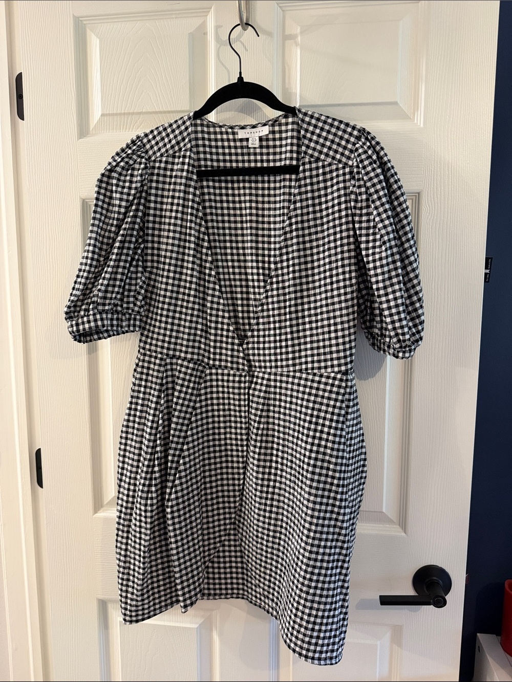Topshop Black & White Gingham V-Neck Puff Sleeve Mini Dress